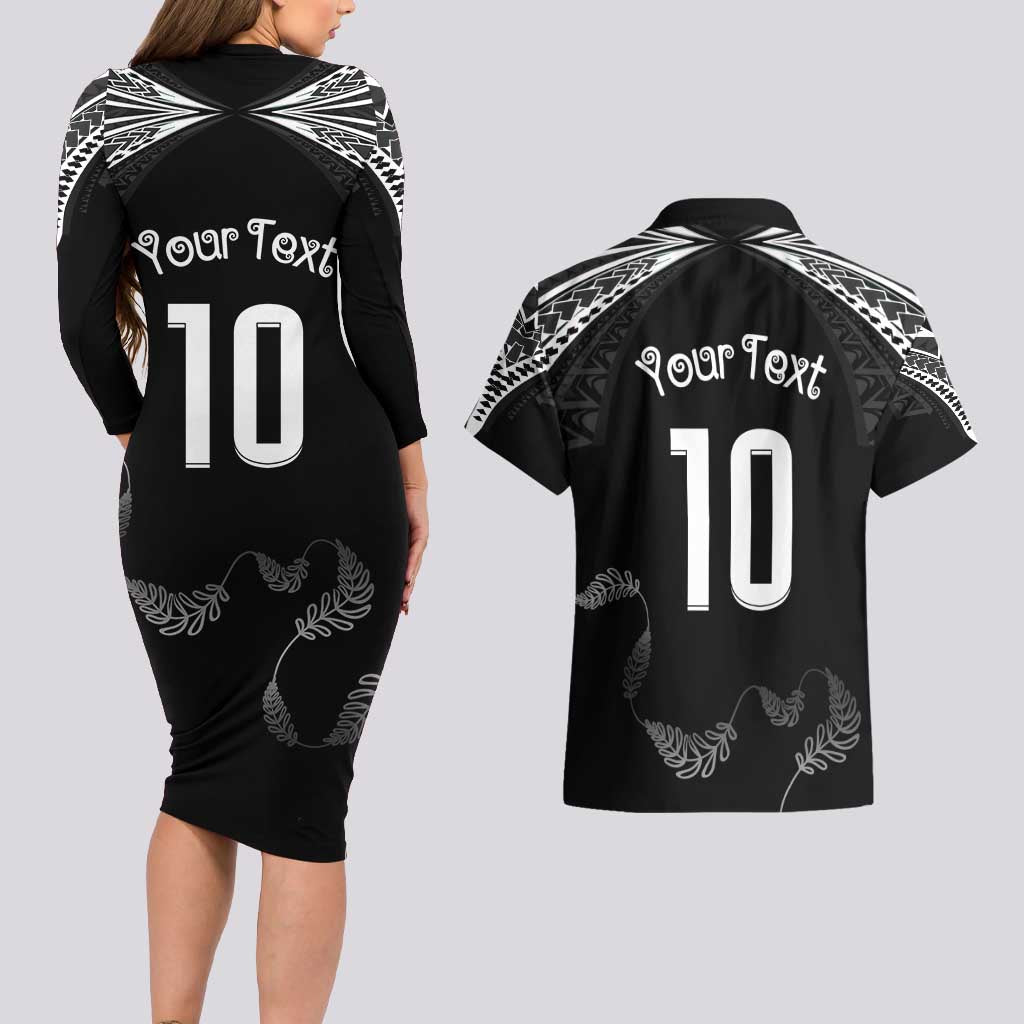 New Zealand Rugby Custom Couples Matching Long Sleeve Bodycon Dress and Hawaiian Shirt Aotearoa Armour Blacks Silver Ferns LT03 - Polynesian Pride