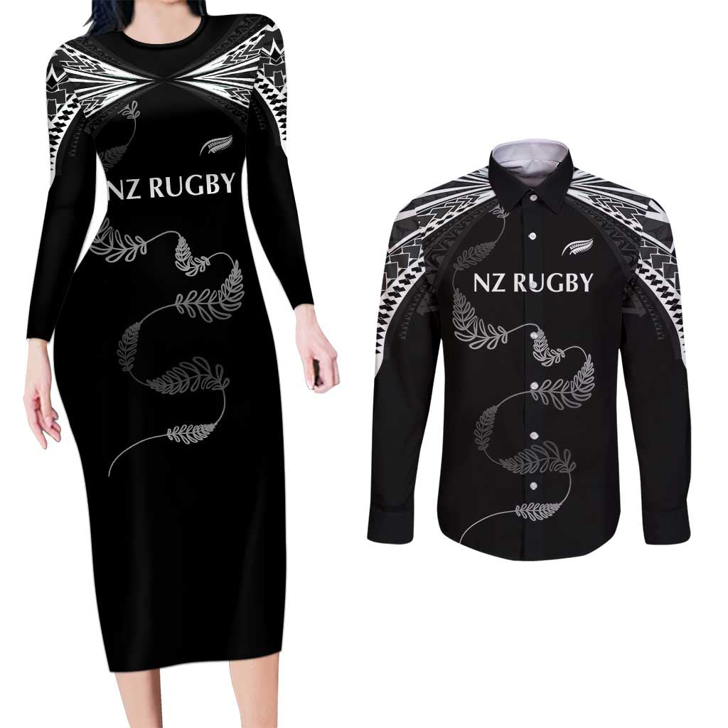 New Zealand Rugby Custom Couples Matching Long Sleeve Bodycon Dress and Long Sleeve Button Shirt Aotearoa Armour Blacks Silver Ferns - Polynesian Pride
