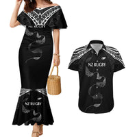 New Zealand Rugby Custom Couples Matching Mermaid Dress and Hawaiian Shirt Aotearoa Armour Blacks Silver Ferns LT03 Black - Polynesian Pride