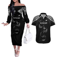 New Zealand Rugby Custom Couples Matching Off The Shoulder Long Sleeve Dress and Hawaiian Shirt Aotearoa Armour Blacks Silver Ferns LT03 Black - Polynesian Pride