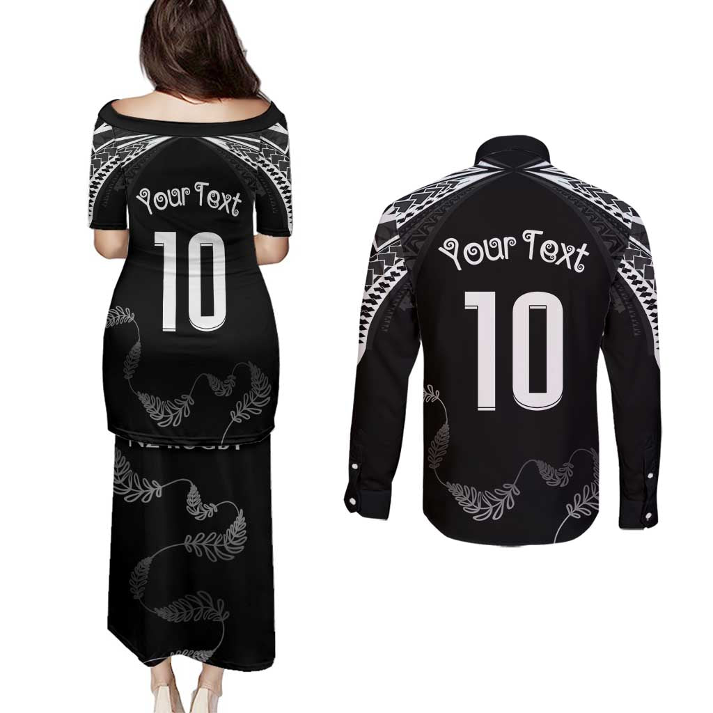 New Zealand Rugby Custom Couples Matching Puletasi and Long Sleeve Button Shirt Aotearoa Armour Blacks Silver Ferns - Polynesian Pride