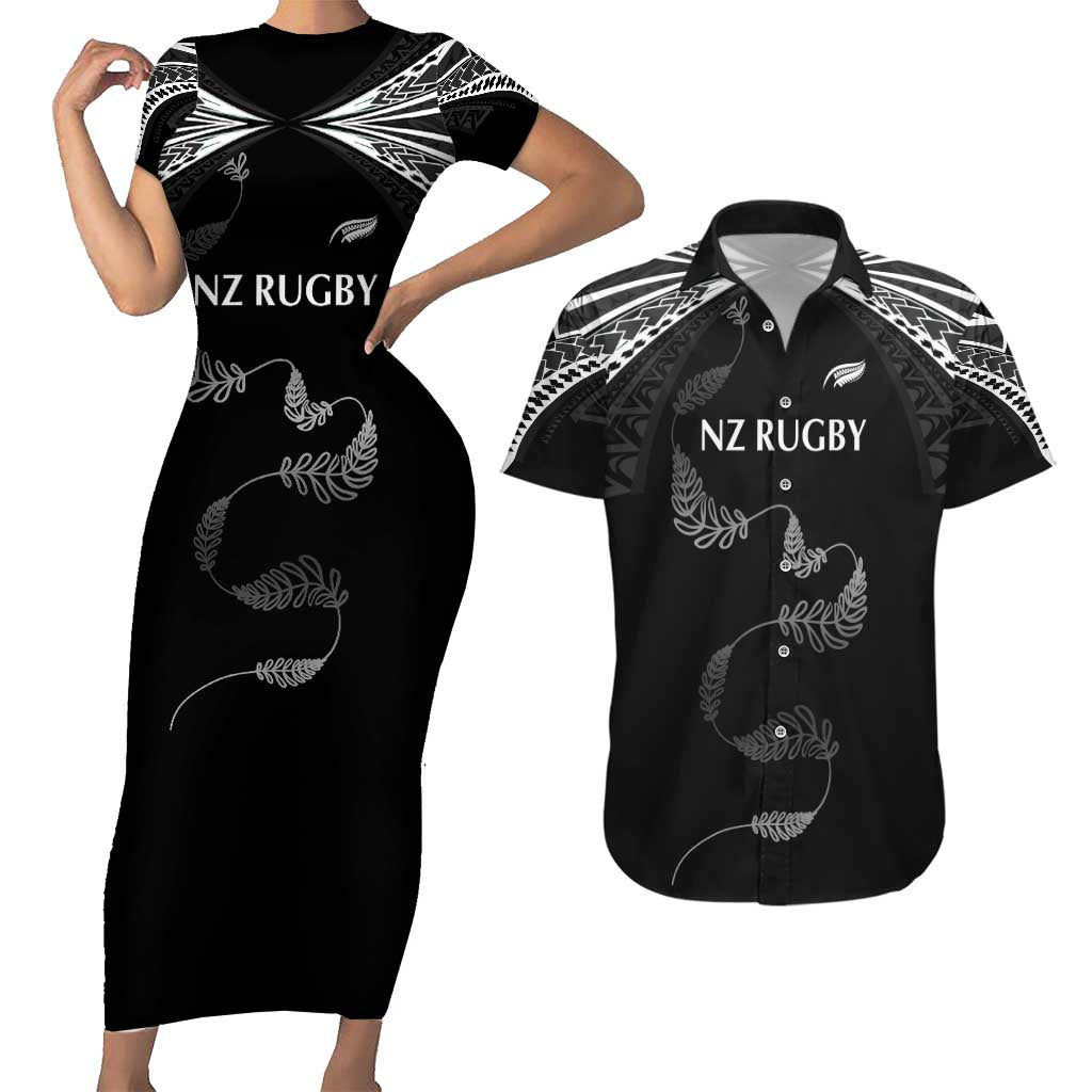 New Zealand Rugby Custom Couples Matching Short Sleeve Bodycon Dress and Hawaiian Shirt Aotearoa Armour Blacks Silver Ferns LT03 Black - Polynesian Pride