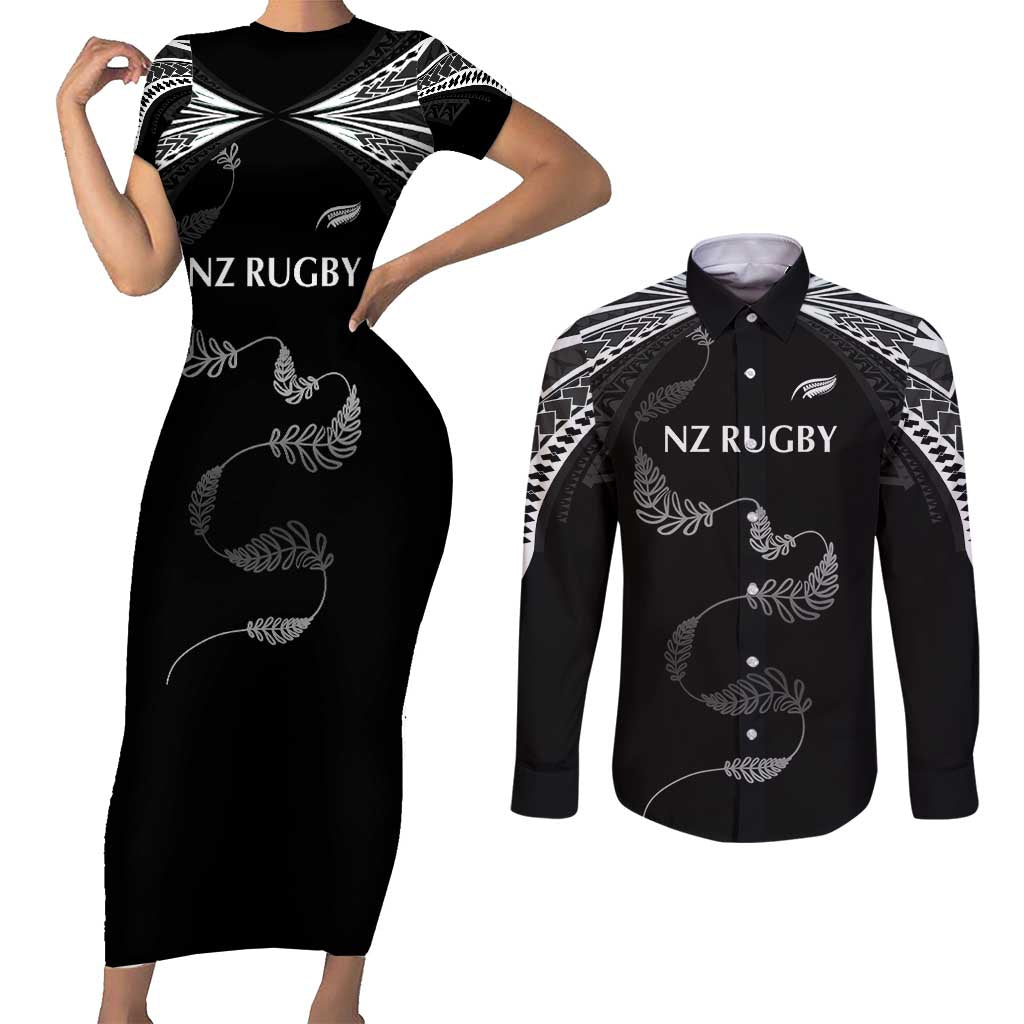 New Zealand Rugby Custom Couples Matching Short Sleeve Bodycon Dress and Long Sleeve Button Shirt Aotearoa Armour Blacks Silver Ferns LT03 Black - Polynesian Pride
