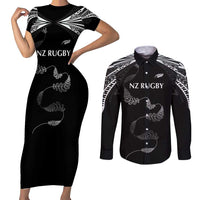 New Zealand Rugby Custom Couples Matching Short Sleeve Bodycon Dress and Long Sleeve Button Shirt Aotearoa Armour Blacks Silver Ferns LT03 Black - Polynesian Pride