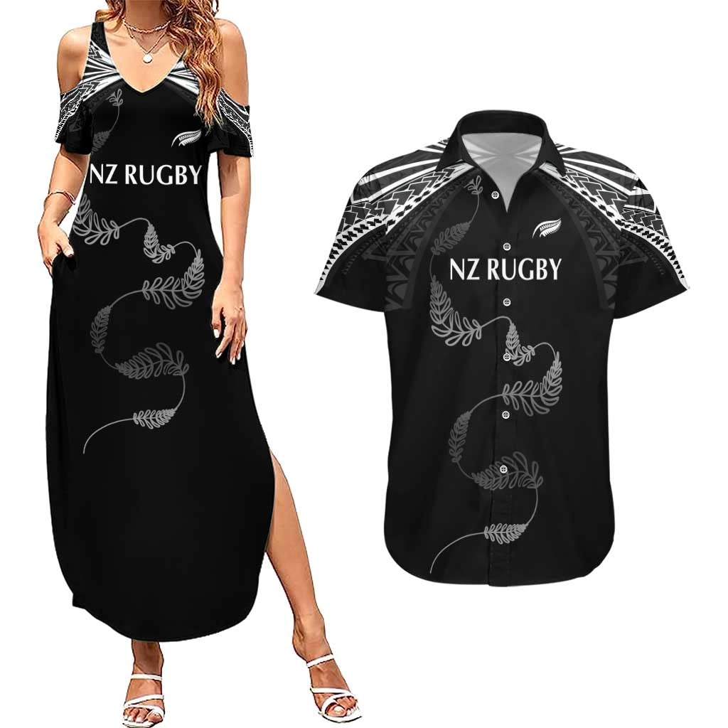 New Zealand Rugby Custom Couples Matching Summer Maxi Dress and Hawaiian Shirt Aotearoa Armour Blacks Silver Ferns LT03 Black - Polynesian Pride