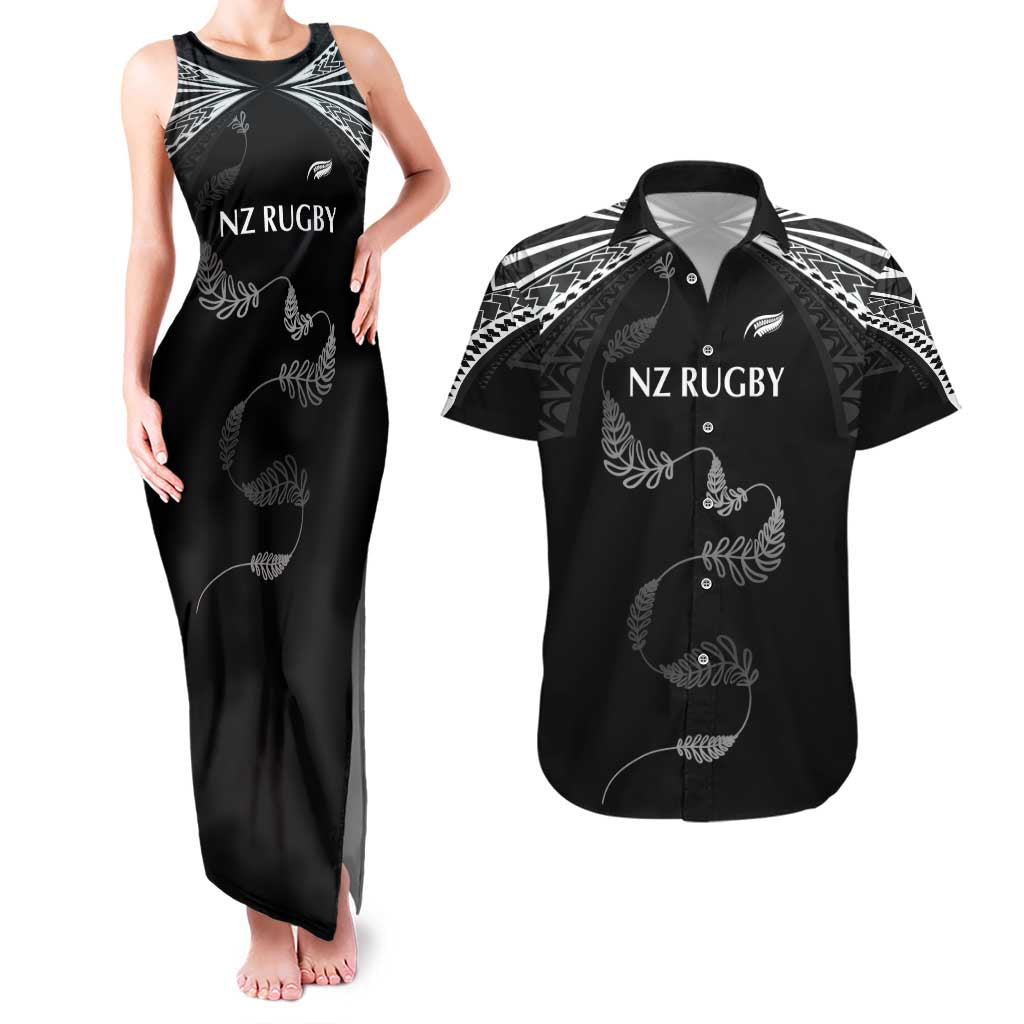 New Zealand Rugby Custom Couples Matching Tank Maxi Dress and Hawaiian Shirt Aotearoa Armour Blacks Silver Ferns LT03 Black - Polynesian Pride