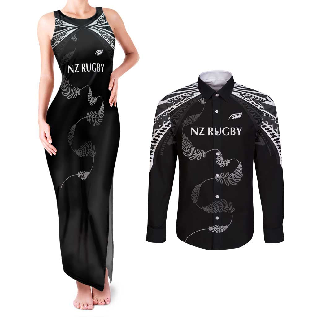 New Zealand Rugby Custom Couples Matching Tank Maxi Dress and Long Sleeve Button Shirt Aotearoa Armour Blacks Silver Ferns - Polynesian Pride