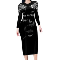 New Zealand Rugby Custom Family Matching Long Sleeve Bodycon Dress and Hawaiian Shirt Aotearoa Armour Blacks Silver Ferns LT03 Mom's Dress Black - Polynesian Pride