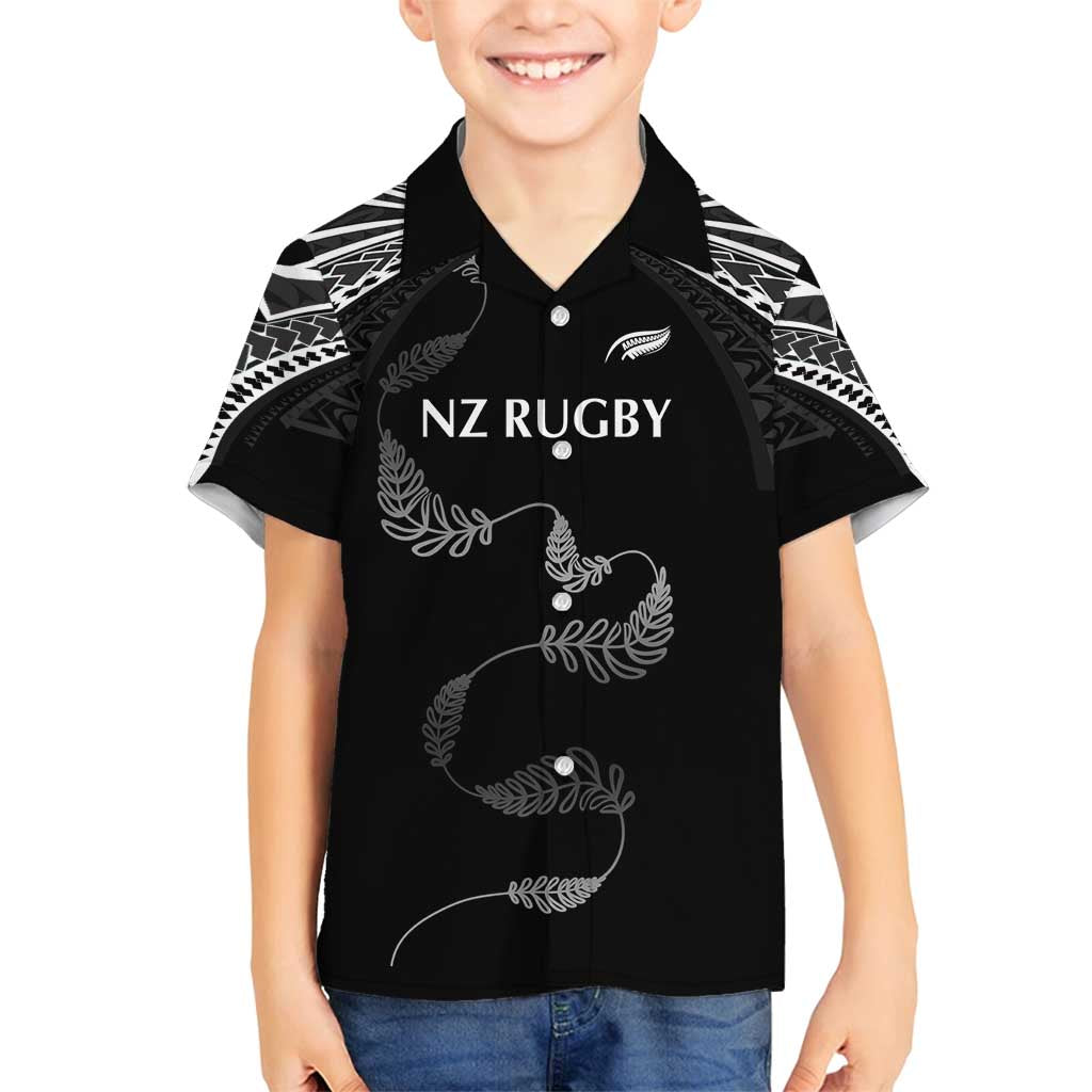 New Zealand Rugby Custom Family Matching Long Sleeve Bodycon Dress and Hawaiian Shirt Aotearoa Armour Blacks Silver Ferns LT03 Son's Shirt Black - Polynesian Pride