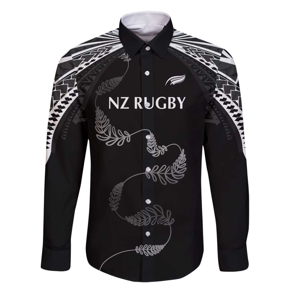 New Zealand Rugby Custom Family Matching Mermaid Dress and Hawaiian Shirt Aotearoa Armour Blacks Silver Ferns LT03 Dad's Shirt - Long Sleeve Black - Polynesian Pride