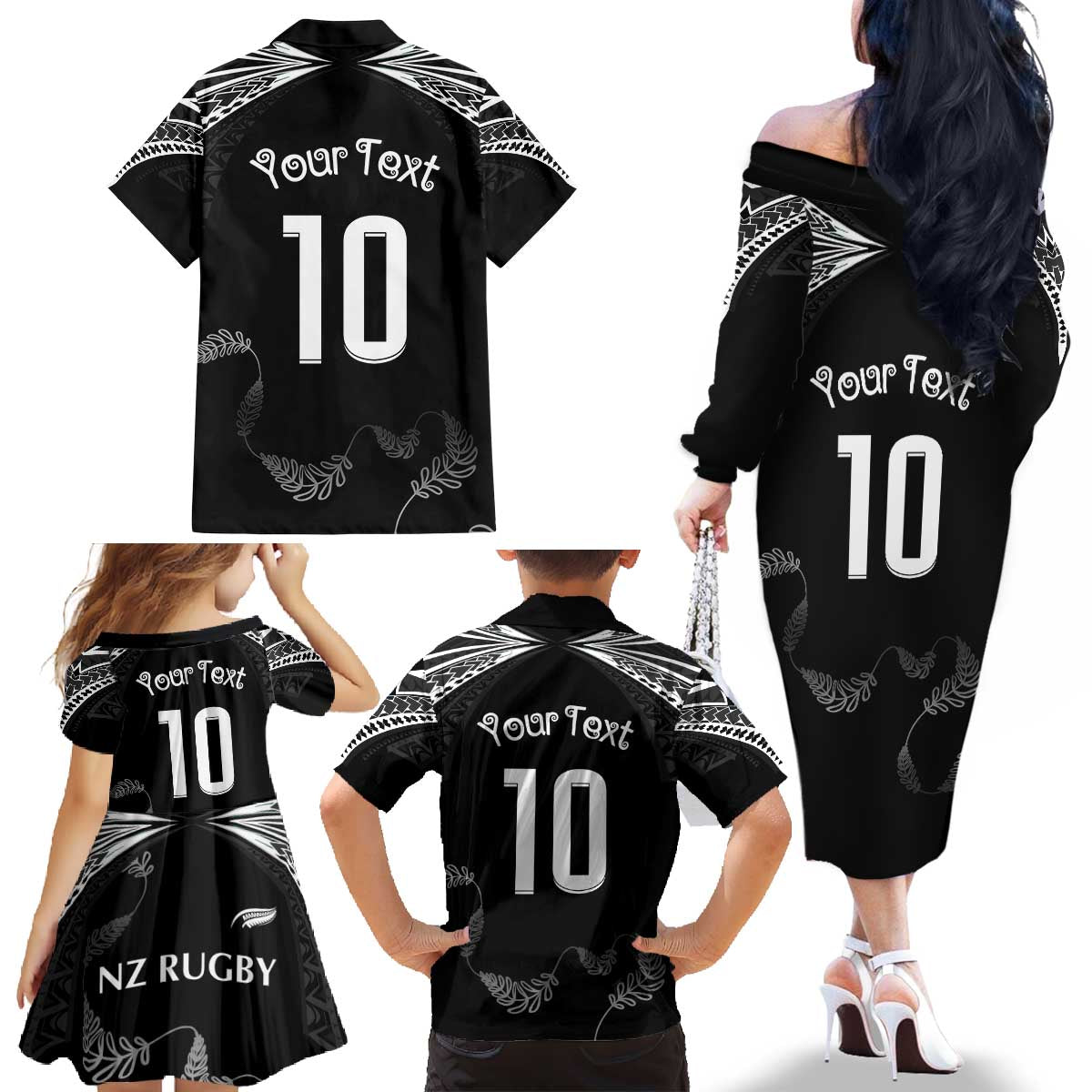New Zealand Rugby Custom Family Matching Off The Shoulder Long Sleeve Dress and Hawaiian Shirt Aotearoa Armour Blacks Silver Ferns LT03 - Polynesian Pride