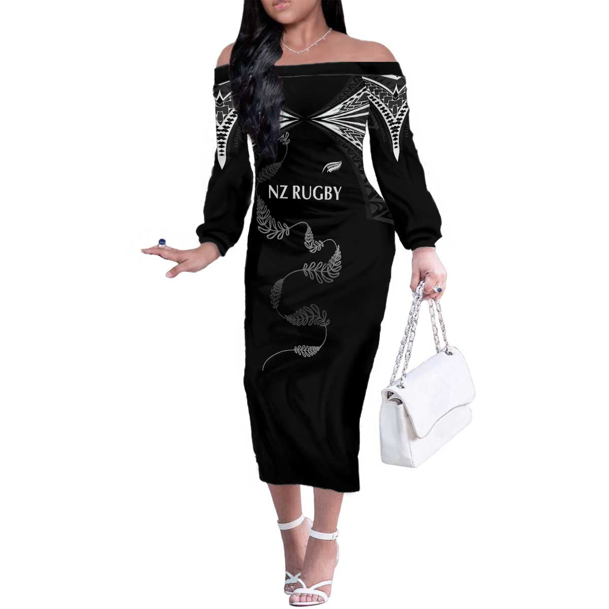 New Zealand Rugby Custom Family Matching Off The Shoulder Long Sleeve Dress and Hawaiian Shirt Aotearoa Armour Blacks Silver Ferns LT03 Mom's Dress Black - Polynesian Pride