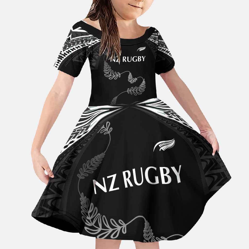 New Zealand Rugby Custom Family Matching Off Shoulder Maxi Dress and Hawaiian Shirt Aotearoa Armour Blacks Silver Ferns LT03 Daughter's Dress Black - Polynesian Pride