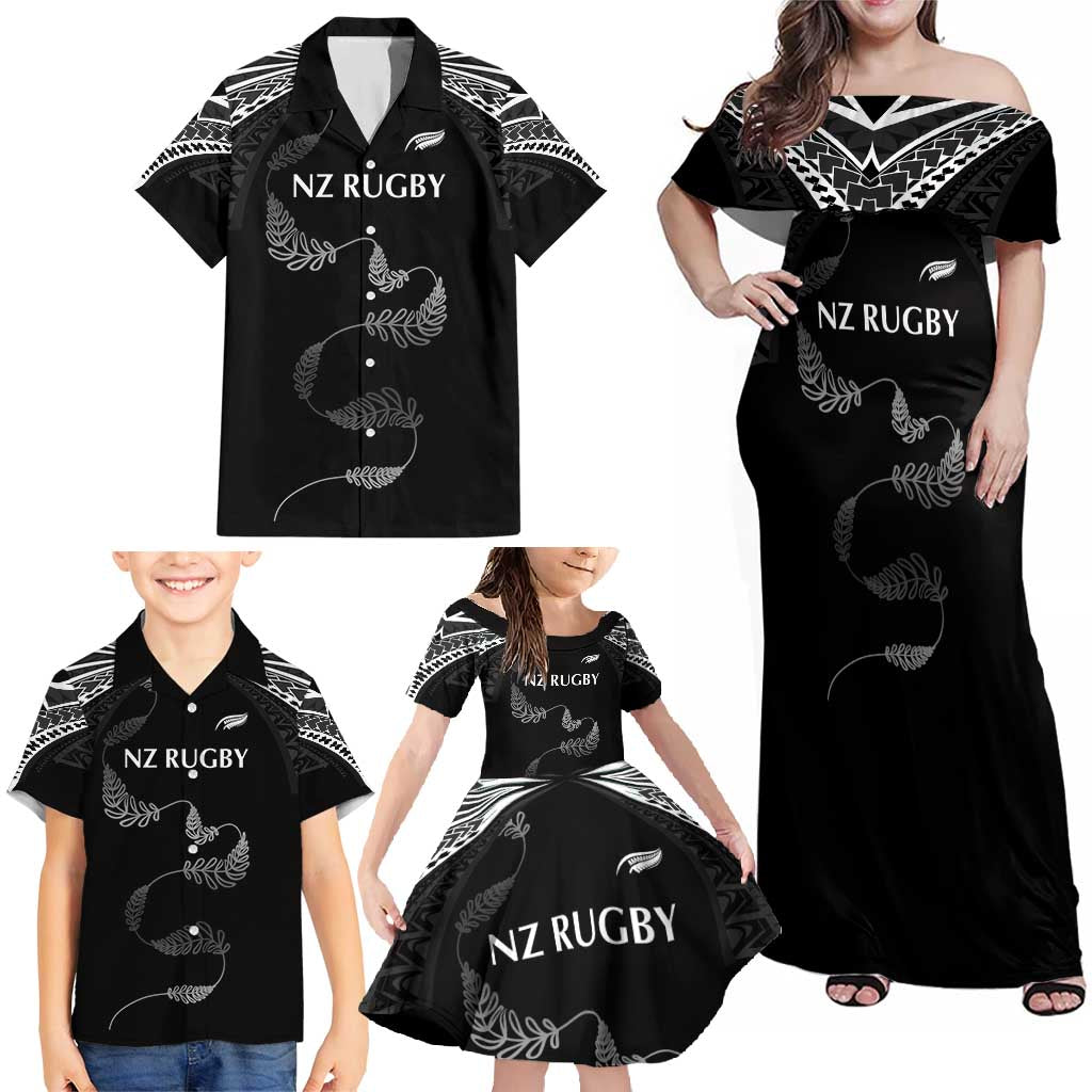 New Zealand Rugby Custom Family Matching Off Shoulder Maxi Dress and Hawaiian Shirt Aotearoa Armour Blacks Silver Ferns LT03 - Polynesian Pride