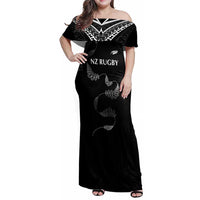 New Zealand Rugby Custom Family Matching Off Shoulder Maxi Dress and Hawaiian Shirt Aotearoa Armour Blacks Silver Ferns LT03 Mom's Dress Black - Polynesian Pride