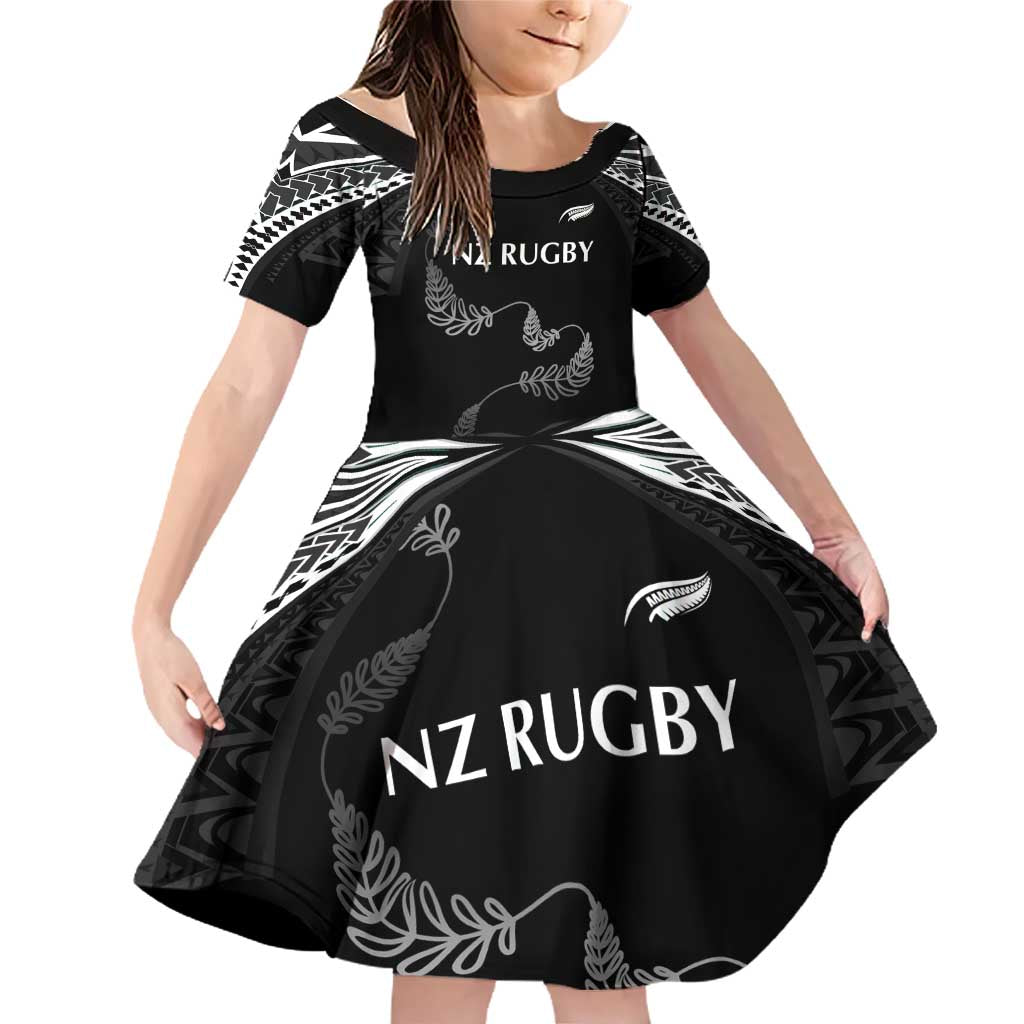 New Zealand Rugby Custom Family Matching Off Shoulder Short Dress and Hawaiian Shirt Aotearoa Armour Blacks Silver Ferns LT03 Daughter's Dress Black - Polynesian Pride