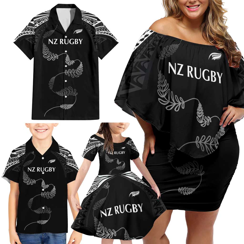 New Zealand Rugby Custom Family Matching Off Shoulder Short Dress and Hawaiian Shirt Aotearoa Armour Blacks Silver Ferns LT03 - Polynesian Pride