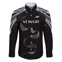 New Zealand Rugby Custom Family Matching Puletasi and Hawaiian Shirt Aotearoa Armour Blacks Silver Ferns LT03 Dad's Shirt - Long Sleeve Black - Polynesian Pride