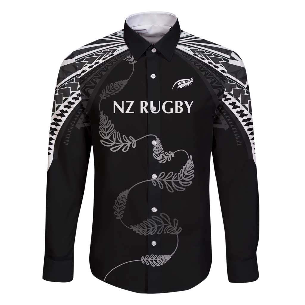 New Zealand Rugby Custom Family Matching Short Sleeve Bodycon Dress and Hawaiian Shirt Aotearoa Armour Blacks Silver Ferns LT03 Dad's Shirt - Long Sleeve Black - Polynesian Pride