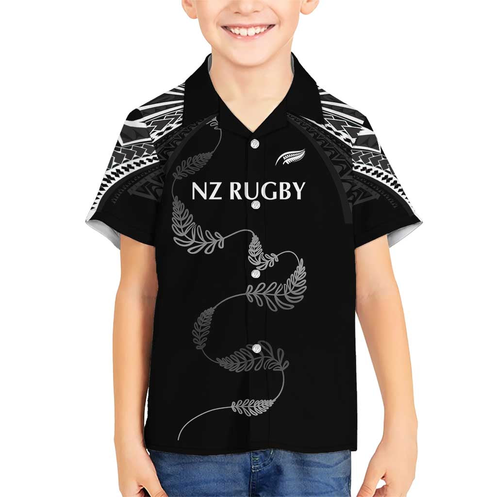 New Zealand Rugby Custom Family Matching Short Sleeve Bodycon Dress and Hawaiian Shirt Aotearoa Armour Blacks Silver Ferns LT03 Son's Shirt Black - Polynesian Pride