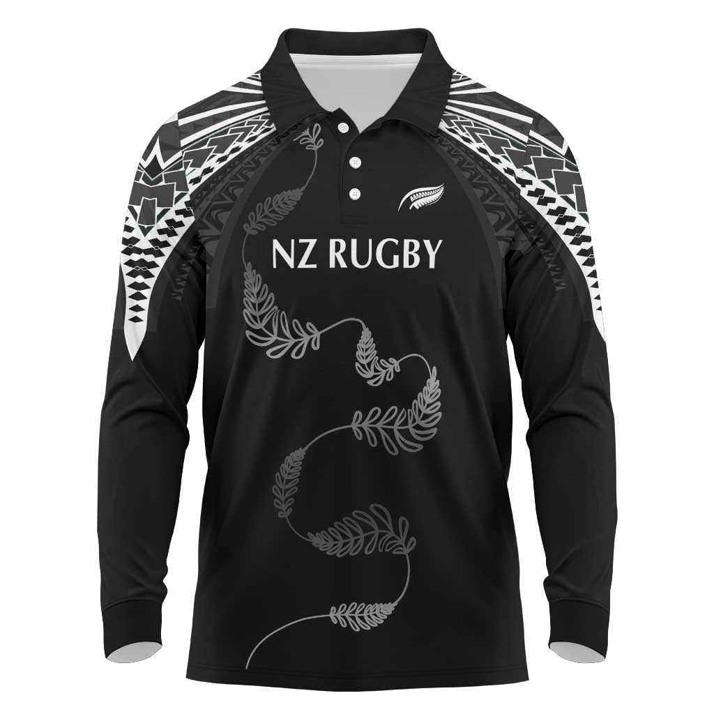 New Zealand Rugby Custom Long Sleeve Polo Shirt Aotearoa Armour Blacks Silver Ferns - Polynesian Pride