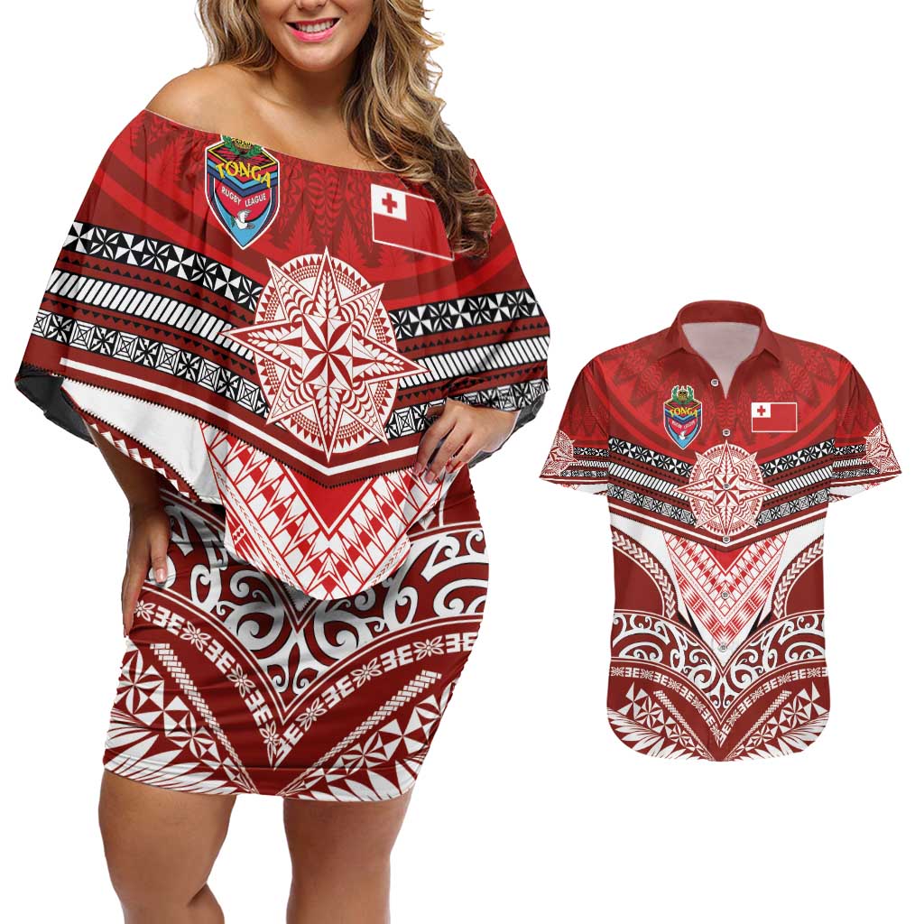 Tonga Rugby Custom Couples Matching Off Shoulder Short Dress and Hawaiian Shirt Mana o Tonga-Tribal Heritage Edition Red Color - Polynesian Pride