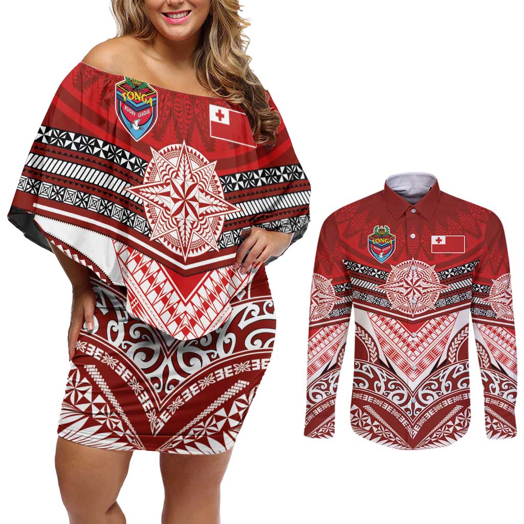 Tonga Rugby Custom Couples Matching Off Shoulder Short Dress and Long Sleeve Button Shirt Mana o Tonga-Tribal Heritage Edition Red Color - Polynesian Pride