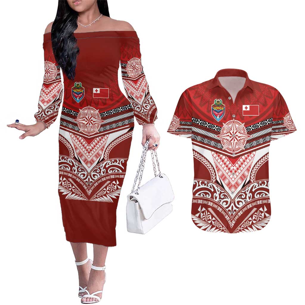 Tonga Rugby Custom Couples Matching Off The Shoulder Long Sleeve Dress and Hawaiian Shirt Mana o Tonga-Tribal Heritage Edition Red Color - Polynesian Pride