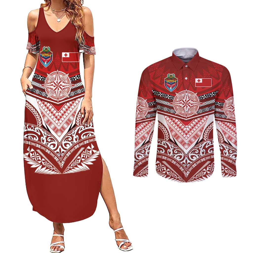 Tonga Rugby Custom Couples Matching Summer Maxi Dress and Long Sleeve Button Shirt Mana o Tonga-Tribal Heritage Edition Red Color - Polynesian Pride