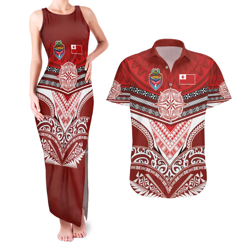 Tonga Rugby Custom Couples Matching Tank Maxi Dress and Hawaiian Shirt Mana o Tonga-Tribal Heritage Edition Red Color - Polynesian Pride