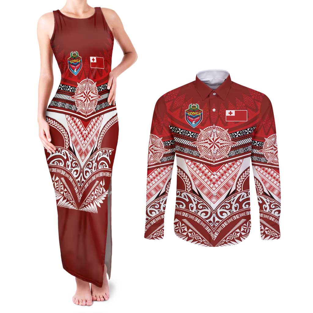 Tonga Rugby Custom Couples Matching Tank Maxi Dress and Long Sleeve Button Shirt Mana o Tonga-Tribal Heritage Edition Red Color - Polynesian Pride