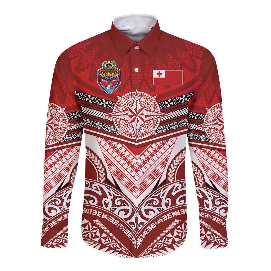 Tonga Rugby Custom Long Sleeve Button Shirt Mana o Tonga-Tribal Heritage Edition Red Color - Polynesian Pride