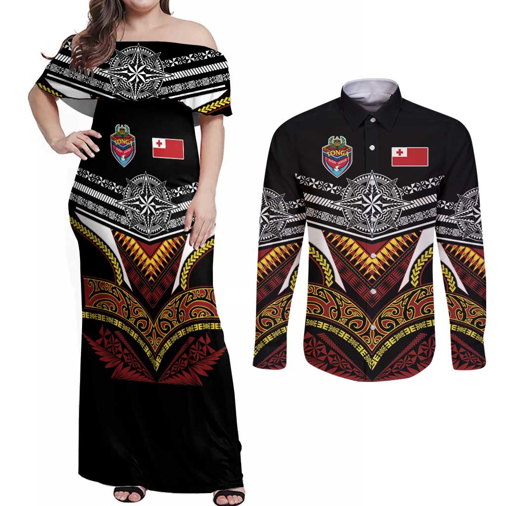 Tonga Rugby Custom Couples Matching Off Shoulder Maxi Dress and Long Sleeve Button Shirt Mana o Tonga-Tribal Heritage Edition Black Color - Polynesian Pride