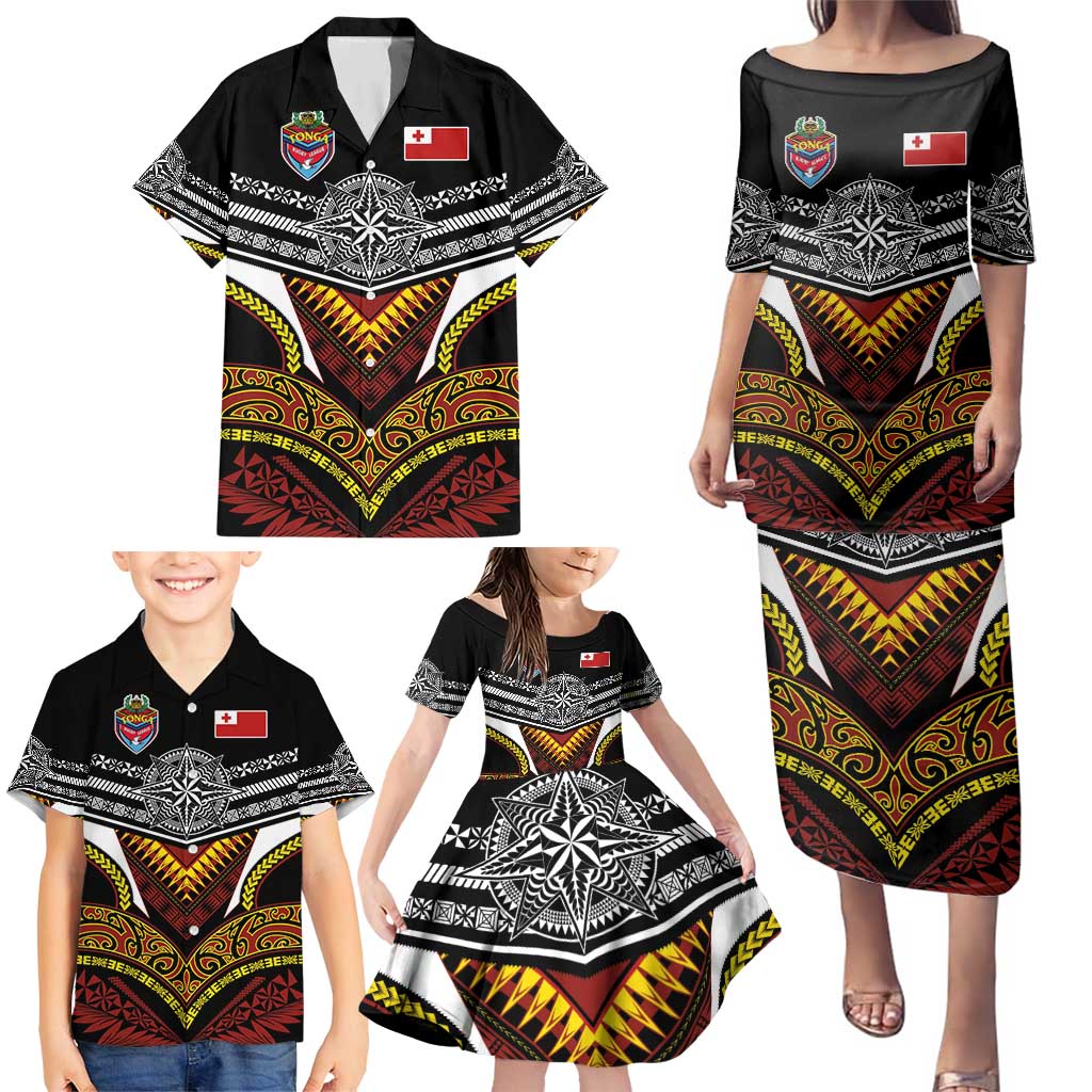 Tonga Rugby Custom Family Matching Puletasi and Hawaiian Shirt Mana o Tonga-Tribal Heritage Edition Black Color - Polynesian Pride