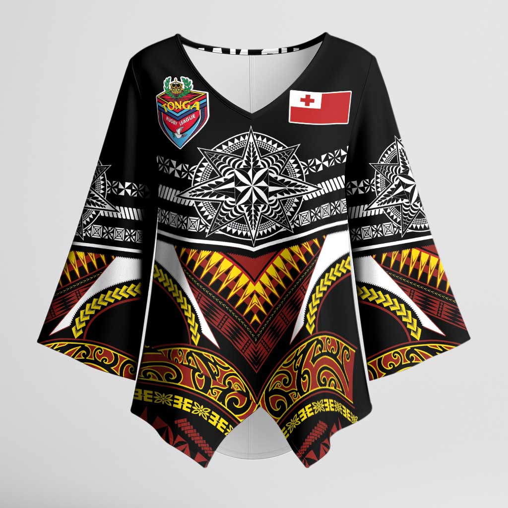 Tonga Rugby Custom Kimono Sleeve Blouse Mana o Tonga-Tribal Heritage Edition Black Color - Polynesian Pride