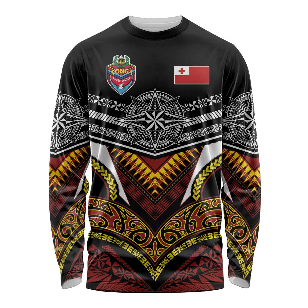 Tonga Rugby Custom Long Sleeve Shirt Mana o Tonga-Tribal Heritage Edition Black Color - Polynesian Pride