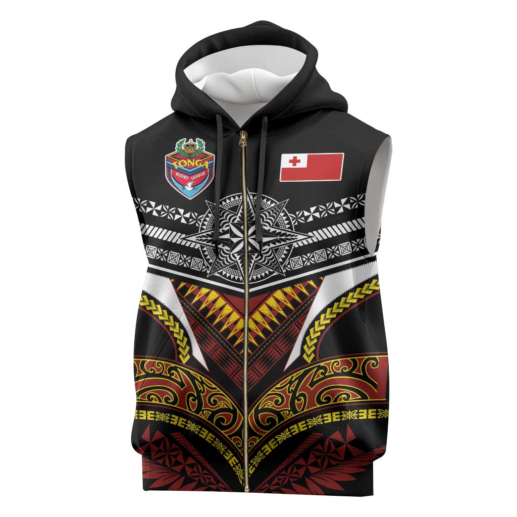 Tonga Rugby Custom Sleeveless Zip Hoodie Mana o Tonga-Tribal Heritage Edition Black Color - Polynesian Pride