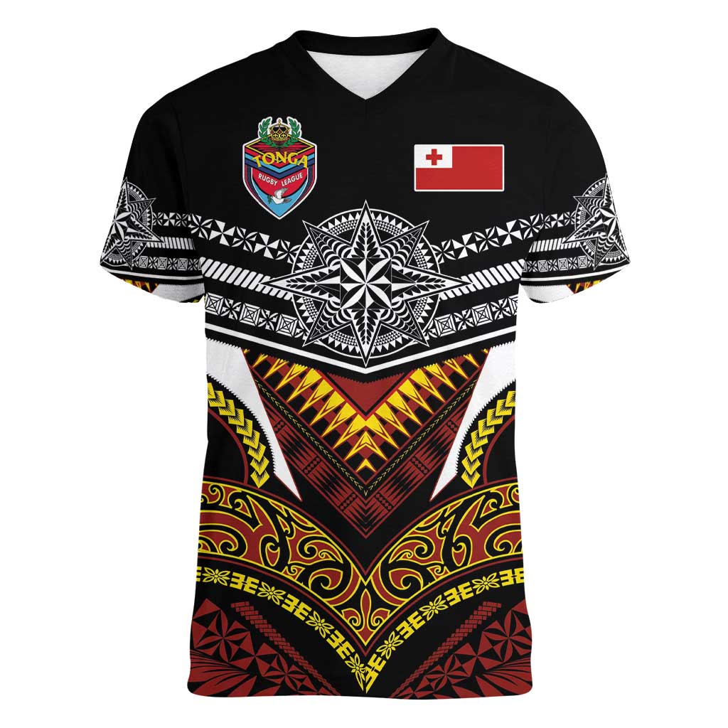 Tonga Rugby Custom Women V-Neck T-Shirt Mana o Tonga-Tribal Heritage Edition Black Color - Polynesian Pride