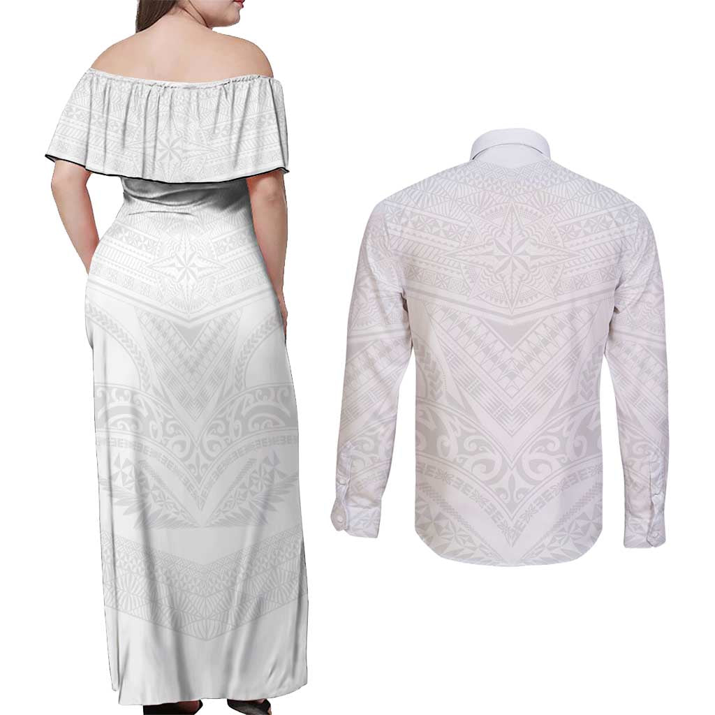 Tonga White Sunday Couples Matching Off Shoulder Maxi Dress and Long Sleeve Button Shirt Tongan Tribal Heritage Tattoos - Polynesian Pride