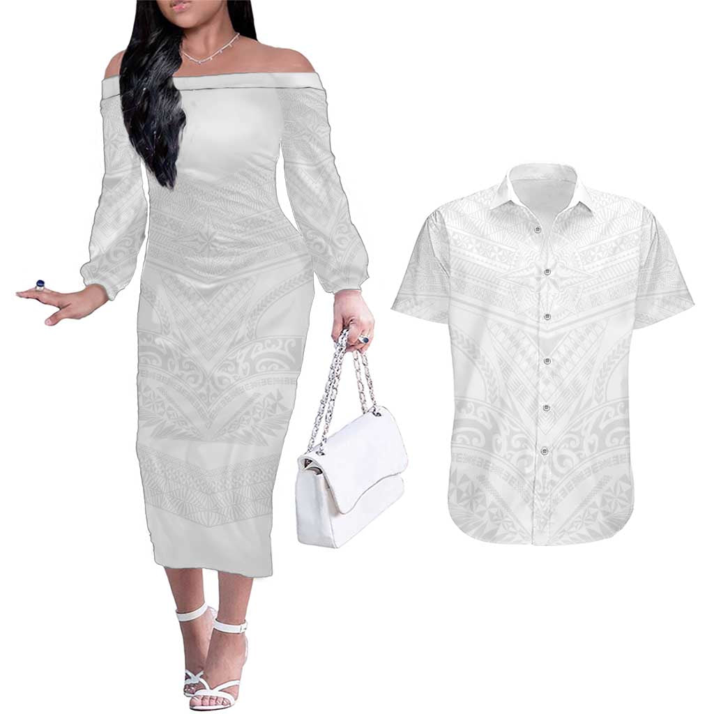 Tonga White Sunday Couples Matching Off The Shoulder Long Sleeve Dress and Hawaiian Shirt Tongan Tribal Heritage Tattoos LT03 White - Polynesian Pride