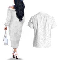 Tonga White Sunday Couples Matching Off The Shoulder Long Sleeve Dress and Hawaiian Shirt Tongan Tribal Heritage Tattoos LT03 - Polynesian Pride