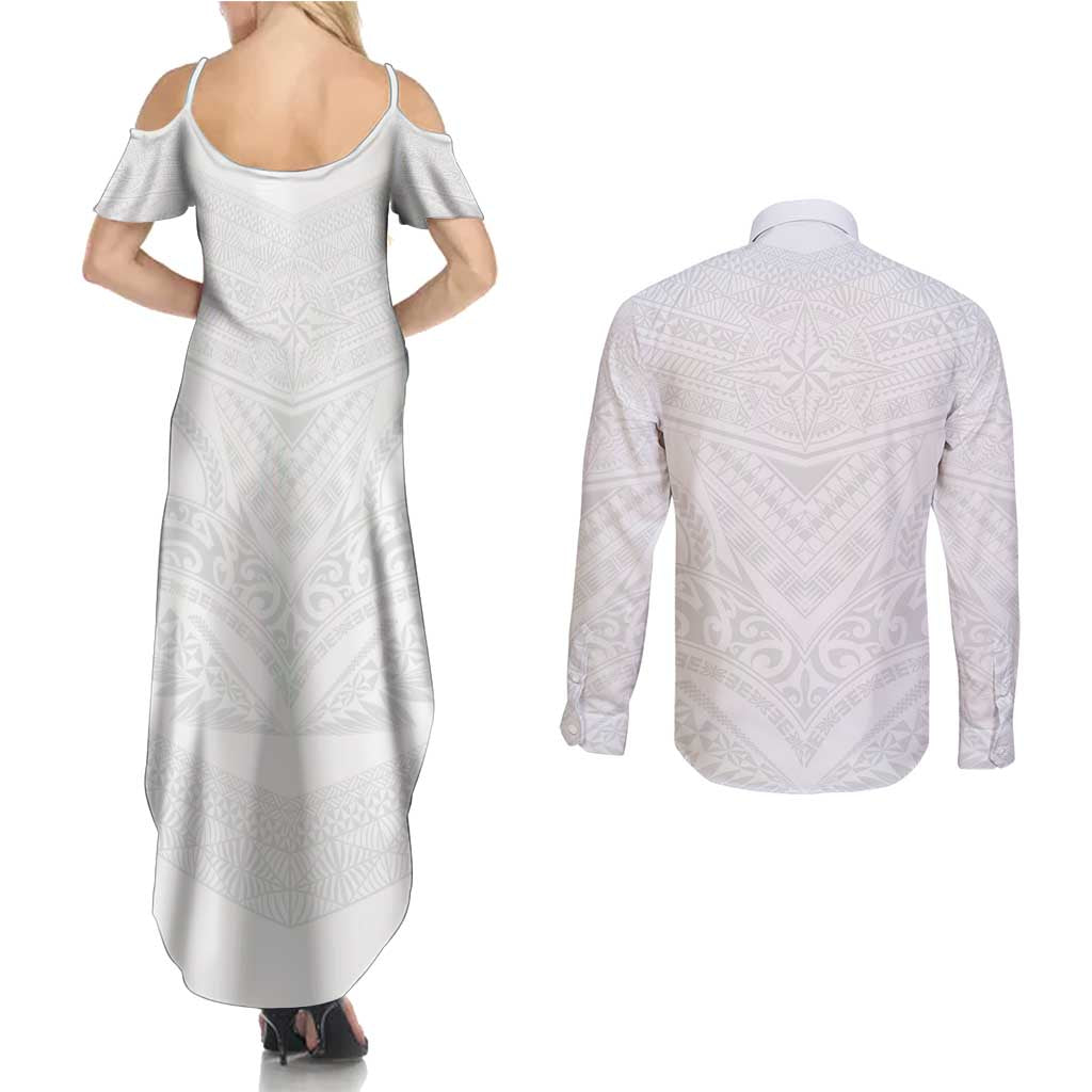 Tonga White Sunday Couples Matching Summer Maxi Dress and Long Sleeve Button Shirt Tongan Tribal Heritage Tattoos - Polynesian Pride