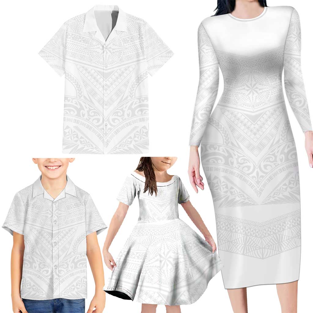 Tonga White Sunday Family Matching Long Sleeve Bodycon Dress and Hawaiian Shirt Tongan Tribal Heritage Tattoos LT03 - Polynesian Pride