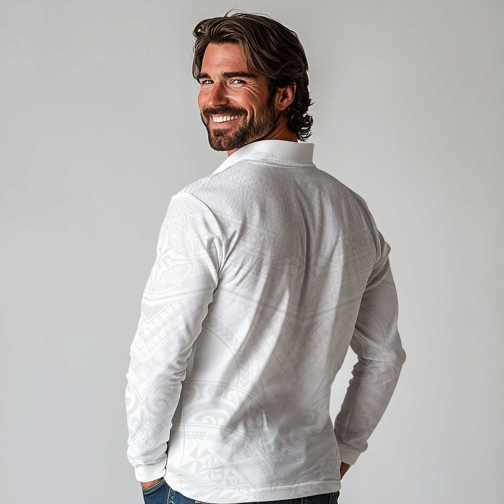Tonga White Sunday Long Sleeve Polo Shirt Tongan Tribal Heritage Tattoos - Polynesian Pride