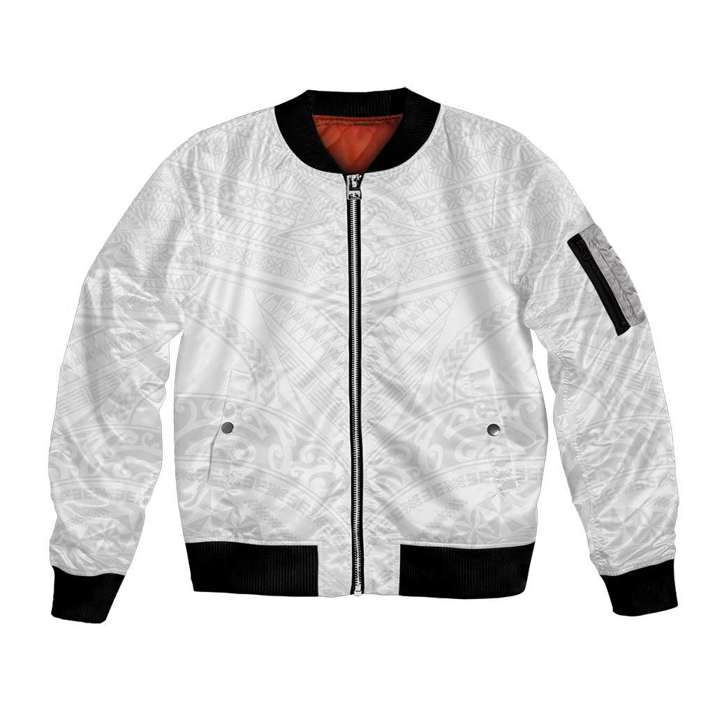 Tonga White Sunday Sleeve Zip Bomber Jacket Tongan Tribal Heritage Tattoos - Polynesian Pride