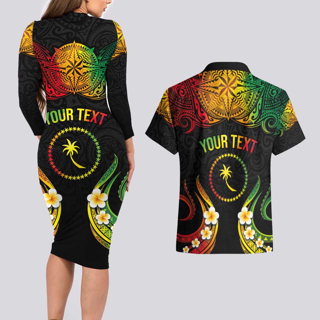 Personalised Chuuk Independence Day Couples Matching Long Sleeve Bodycon Dress and Hawaiian Shirt Polynesian Tattoo and Plumeria Reggae Color LT03 - Polynesian Pride