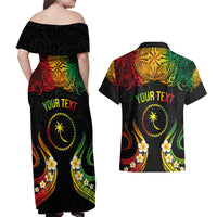 Personalised Chuuk Independence Day Couples Matching Off Shoulder Maxi Dress and Hawaiian Shirt Polynesian Tattoo and Plumeria Reggae Color LT03 - Polynesian Pride