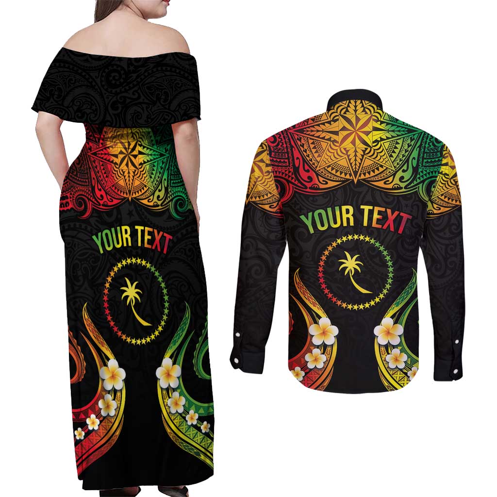 Personalised Chuuk Independence Day Couples Matching Off Shoulder Maxi Dress and Long Sleeve Button Shirt Polynesian Tattoo and Plumeria Reggae Color