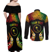 Personalised Chuuk Independence Day Couples Matching Off Shoulder Maxi Dress and Long Sleeve Button Shirt Polynesian Tattoo and Plumeria Reggae Color