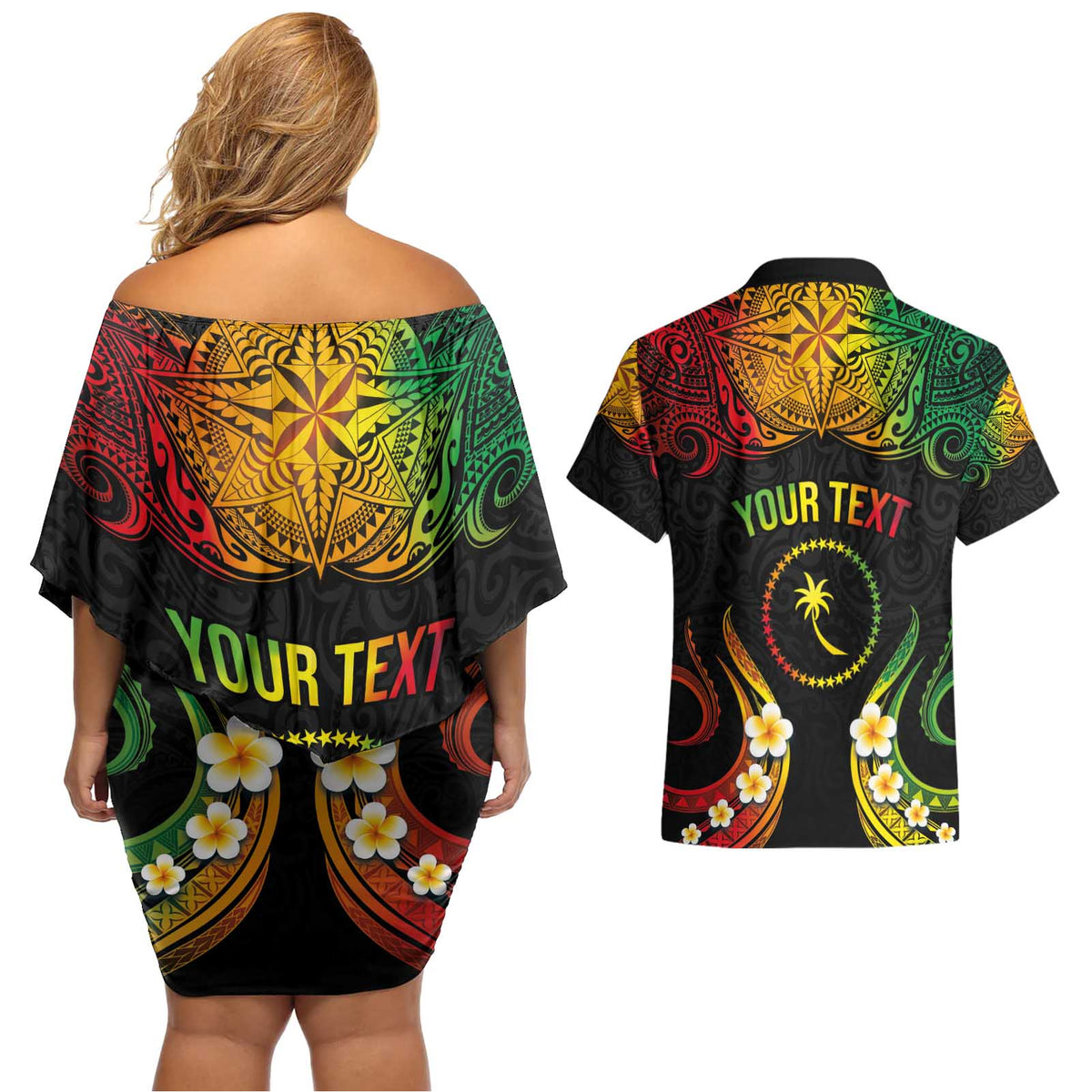Personalised Chuuk Independence Day Couples Matching Off Shoulder Short Dress and Hawaiian Shirt Polynesian Tattoo and Plumeria Reggae Color LT03 - Polynesian Pride
